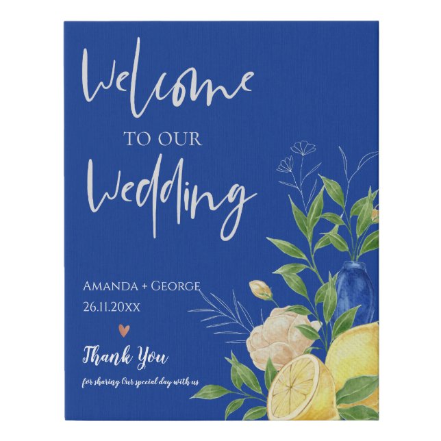 Blue Lemon Floral Summer Wedding Welcome Sign (Front)