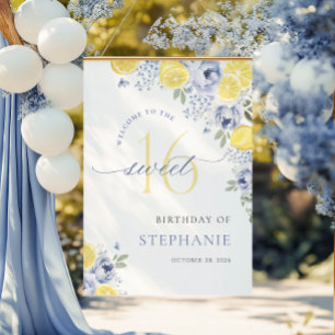 Blue Lemon Floral Sweet Sixteen Birthday Sign