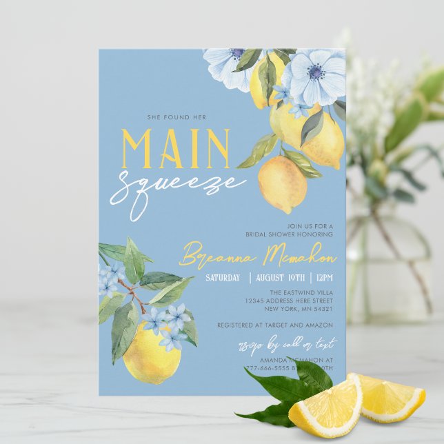 Blue Lemon Found Her Main Squeeze Bridal Shower Invitation (Beautiful Blue Watercolor Lemon She Found Her Main Squeeze Bridal Invitations)