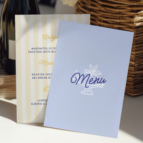 Blue &amp; Lemon Striped Mediterranean Wedding Menu
