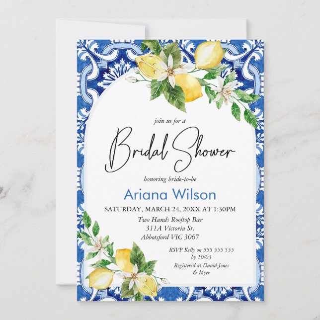 Blue Lemon Tile Bridal Shower Invitation (Front)