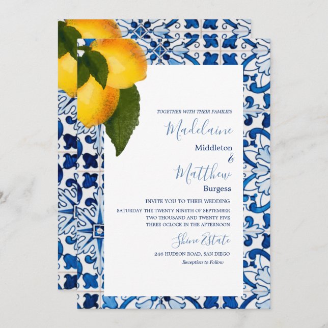  Blue Lemon Tile Chic Stylish Wedding  Invitation (Front/Back)