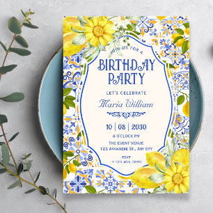 Blue lemon tile pattern art birthday invitation