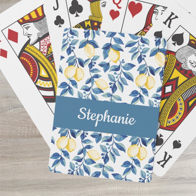 Blue Lemon Watercolor Monogram Name Poker Cards (Creator Uploaded)