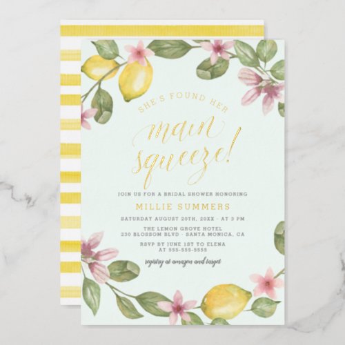 Blue  Lemon Wreath Main Squeeze Bridal Shower Foil Invitation