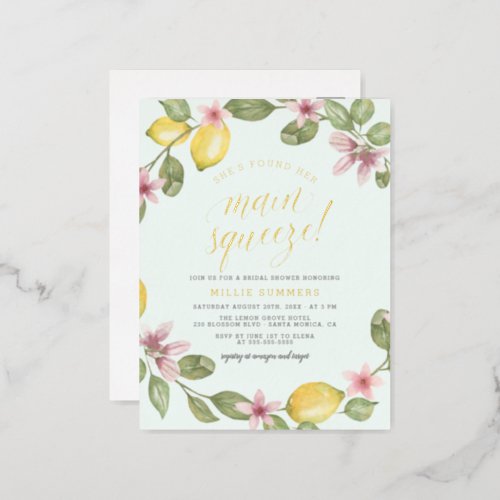 Blue  Lemon Wreath Main Squeeze Bridal Shower Foil Invitation Postcard