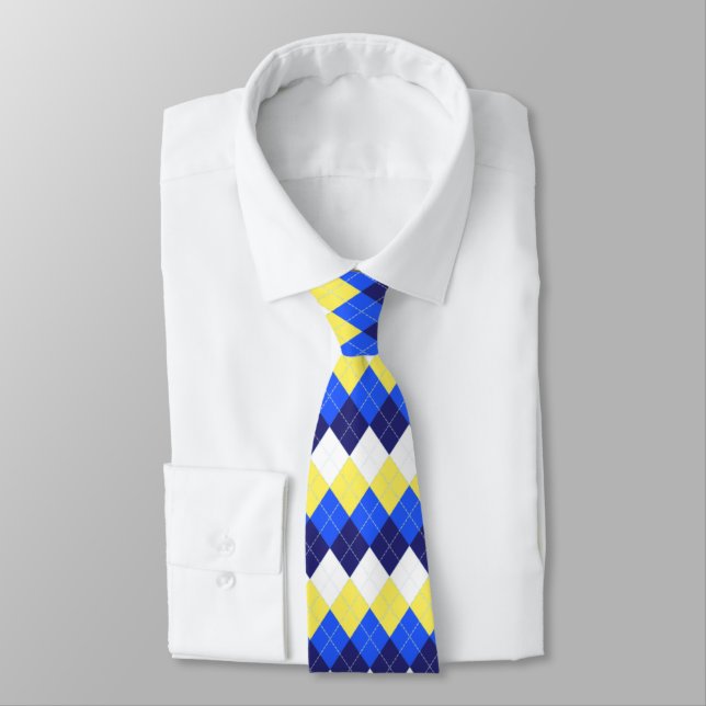 Blue, Lemon Yellow and White Argyle Neck Tie (Tied)