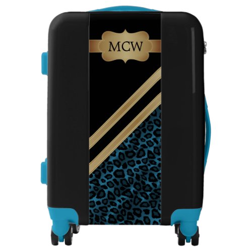 Blue Leopard Animal Print  Monogram Luggage