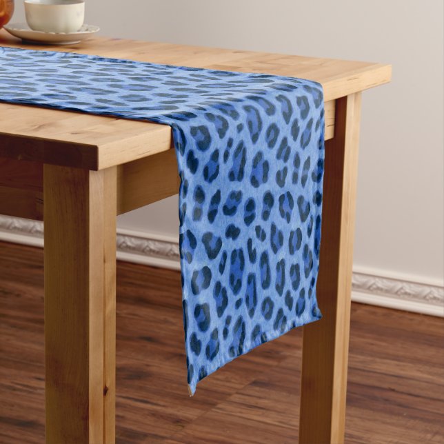 Blue Leopard Animal Print Skin Pattern Short Table Runner (In Situ)