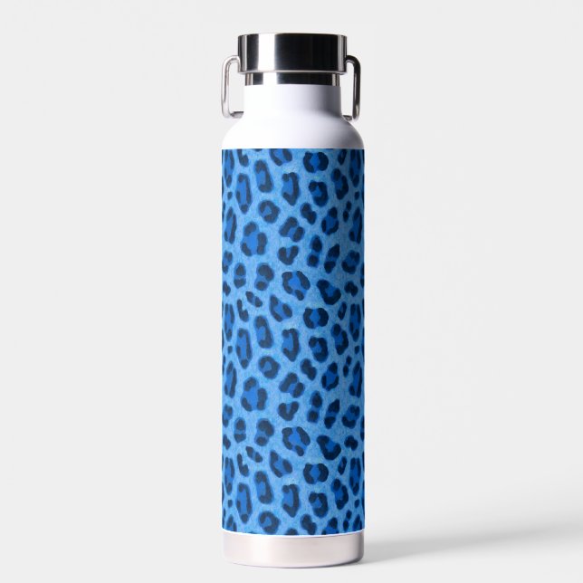 Blue Leopard Animal Print Skin Pattern Water Bottle (Front)