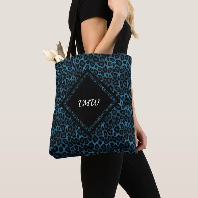 Blue Leopard Animal Print Tote Bag (Close Up)