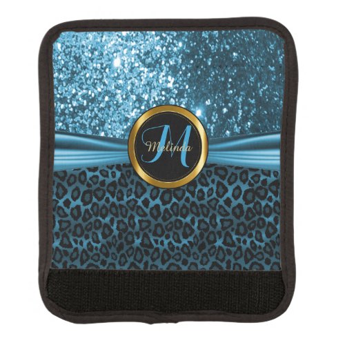 Blue Leopard Animal Skin and Glitter _ Monogram Luggage Handle Wrap