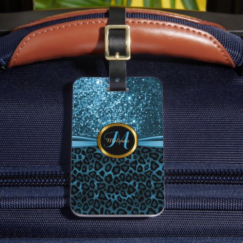 Blue Leopard Animal Skin and Glitter _ Monogram Luggage Tag