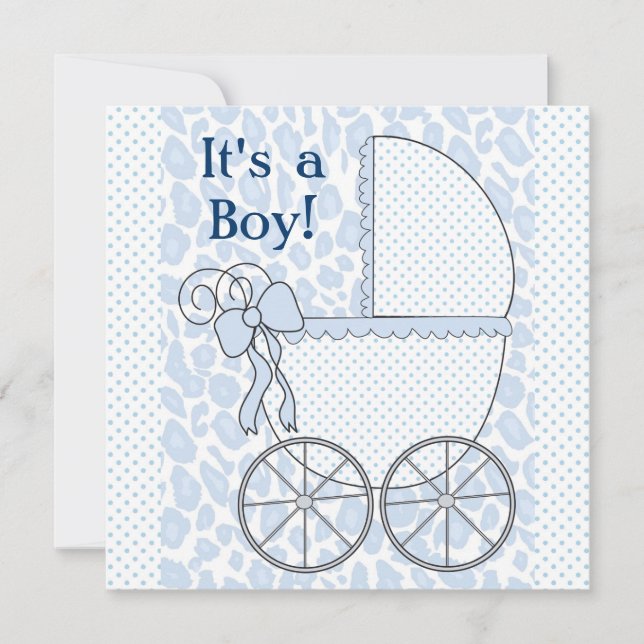 Blue Leopard Baby Carriage Baby Boy Shower Invitation (Front)