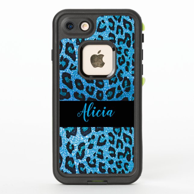 Blue Leopard Faux Glitter Personalized Name LifeProof iPhone Case (Back)