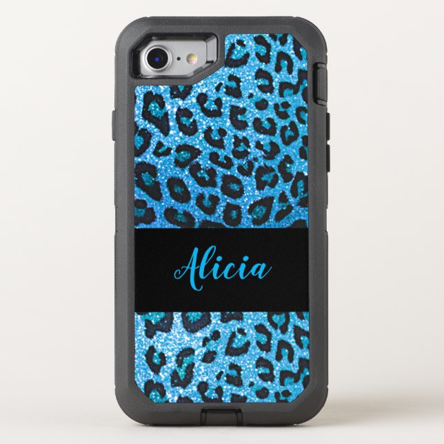 Blue Leopard Faux Glitter Personalized Otterbox iPhone Case (Back)