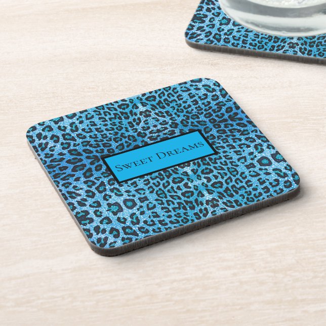 Blue Leopard Faux Sparkle Sweet Dreams Modern Chic Beverage Coaster (Left Side)