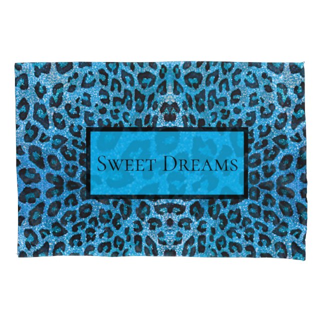 Blue Leopard Faux Sparkle Sweet Dreams Modern Chic Pillow Case (Front)