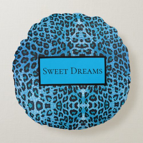 Blue Leopard Faux Sparkle Sweet Dreams Modern Chic Round Pillow