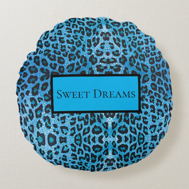 Blue Leopard Faux Sparkle Sweet Dreams Modern Chic Round Pillow (Front)