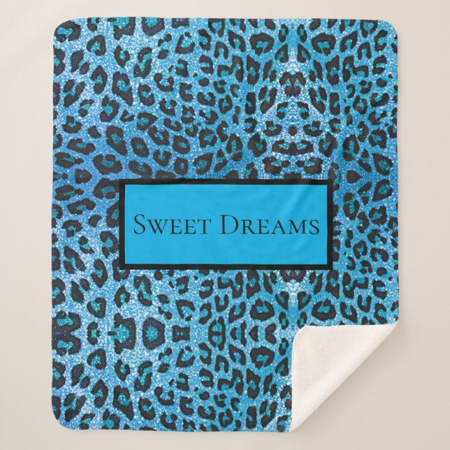 Blue Leopard Faux Sparkle Sweet Dreams Modern Chic Sherpa Blanket (Front)