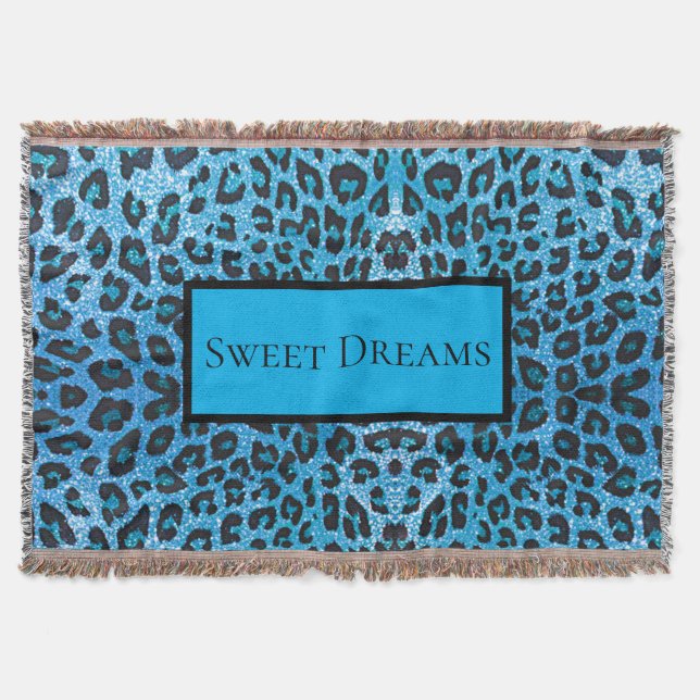 Blue Leopard Faux Sparkle Sweet Dreams Modern Chic Throw Blanket (Front)