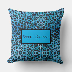 Blue Leopard Faux Sparkle Sweet Dreams Throw Pillow