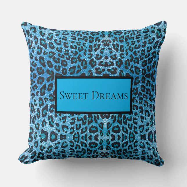 Blue Leopard Faux Sparkle Sweet Dreams Throw Pillow (Front)