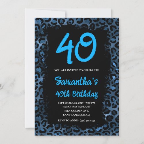 Blue Leopard Foil Painted Black 40th Birthday Invitation