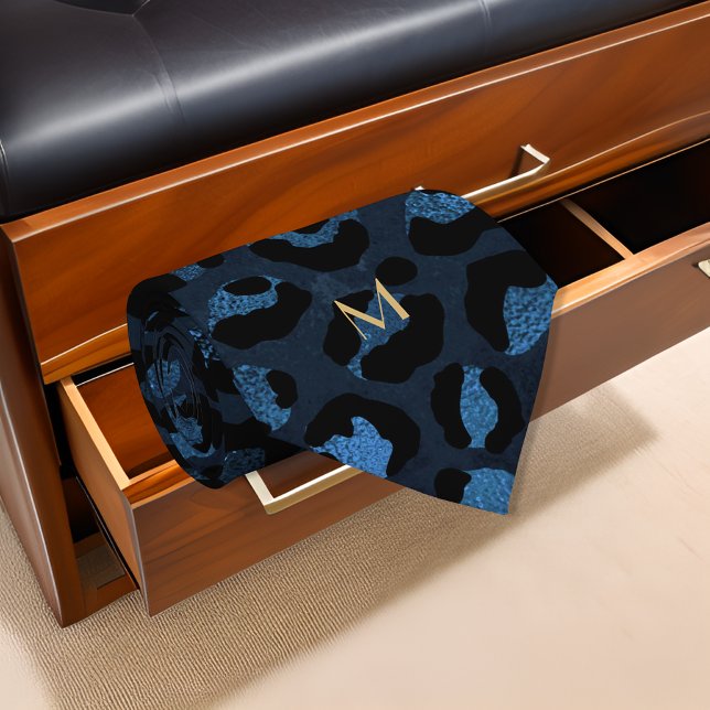 Blue Leopard Glitter Print Gold Monogram Initial Neck Tie (Creator Uploaded)