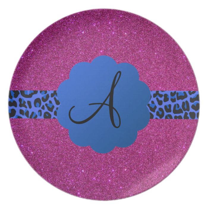 Blue leopard monogram pink glitter party plates