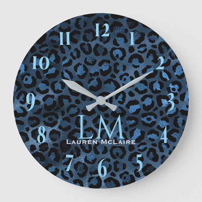 Blue Leopard Personalized Modern Wall Clock (Front)