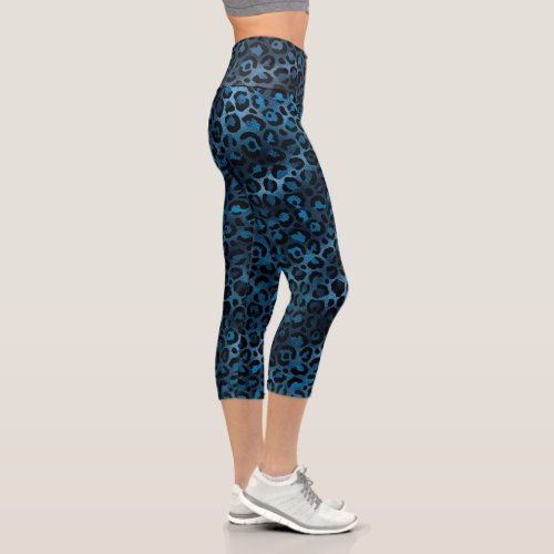 Blue Leopard Print Animal Pattern Capri Leggings