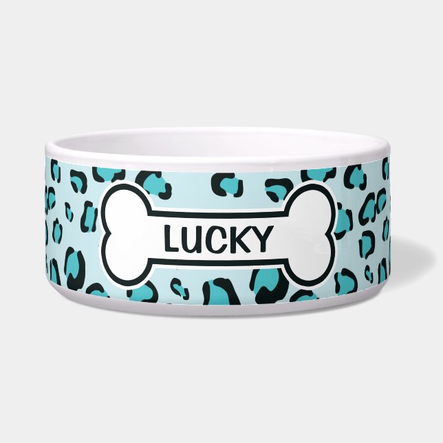 Blue Leopard Print Drawing With Bone And Name Bowl (Front)