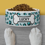 Blue Leopard Print Drawing With Bone And Name Bowl<br><div class="desc">This blue pet bowl has a digitally created leopard print pattern with a dog bow that has a customizable text area inside of it for pet's name.</div>