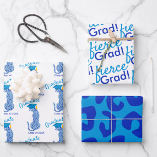 Blue Leopard Print Graduation Wrapping Paper Sheets