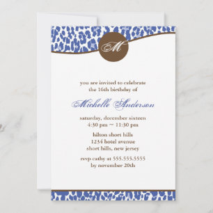 Blue Leopard Print Monogram Birthday Invitation
