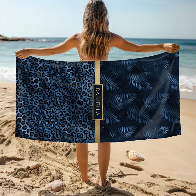 Blue Leopard Print Shimmer Tropical Floral Name Beach Towel (Creator Uploaded)