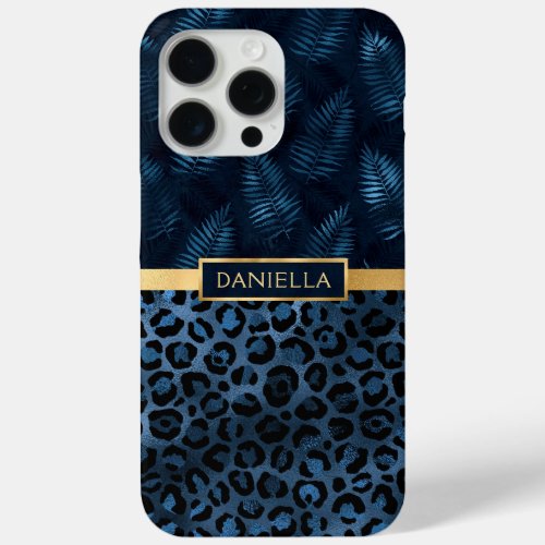 Blue Leopard Print Shimmer Tropical Floral Name iPhone 15 Pro Max Case