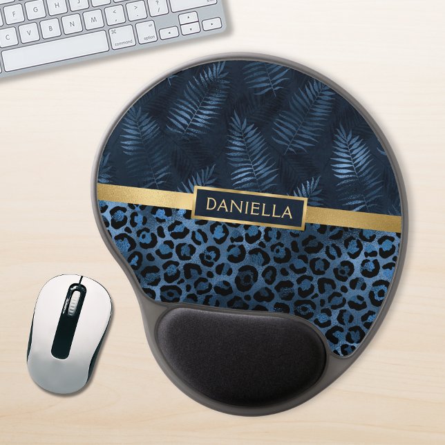 Blue Leopard Print Shimmer Tropical Floral Name Gel Mouse Pad (Creator Uploaded)