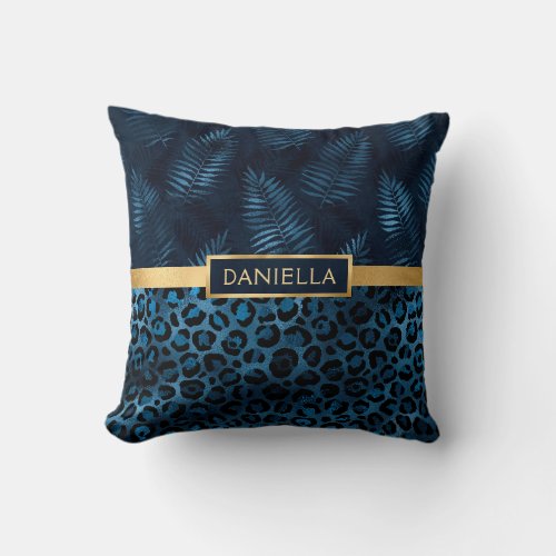 Blue Leopard Print Shimmer Tropical Floral Name Throw Pillow