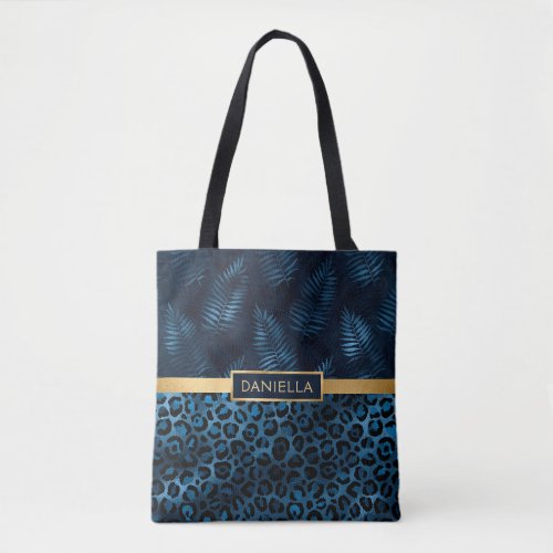 Blue Leopard Print Shimmer Tropical Floral Name Tote Bag