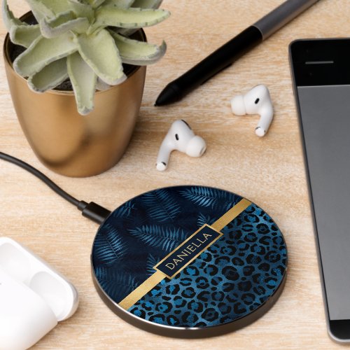 Blue Leopard Print Stylish Tropical Floral Name Wireless Charger