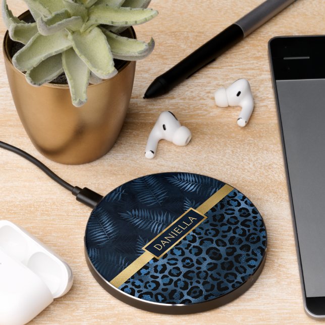 Blue Leopard Print Stylish Tropical Floral Name Wireless Charger (Desk 2)