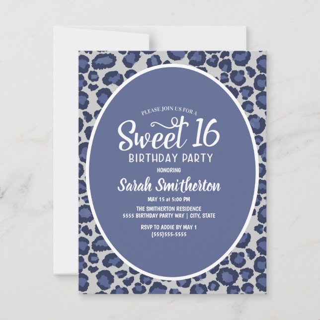 Blue Leopard Print Sweet 16 Invitation (Front)