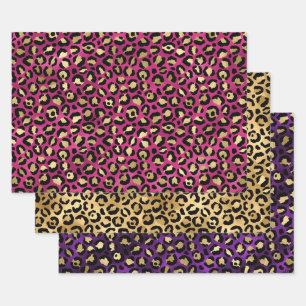 Blue Leopard Print with Gold Tropical Leaves Wrapping Paper Sheets