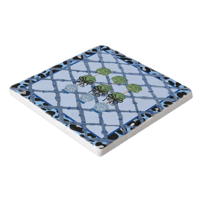 Blue Leopard Topiary Chinoiserie Ginger Jar   Triv Trivet (Corner)