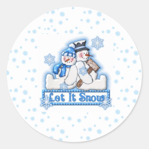 Blue Let It Snow Snowman Couple Christmas Holiday Classic Round Sticker