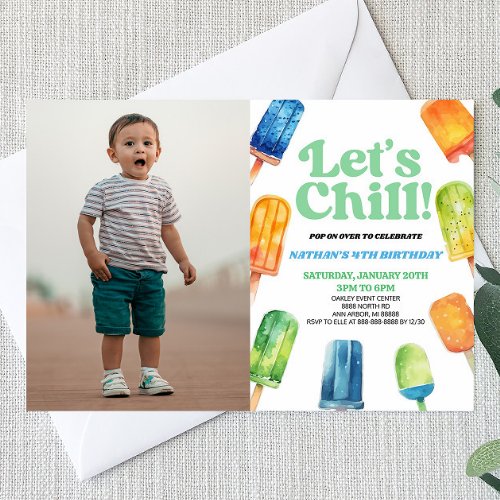 Blue Lets Chill Popsicle Picture Birthday Party Invitation