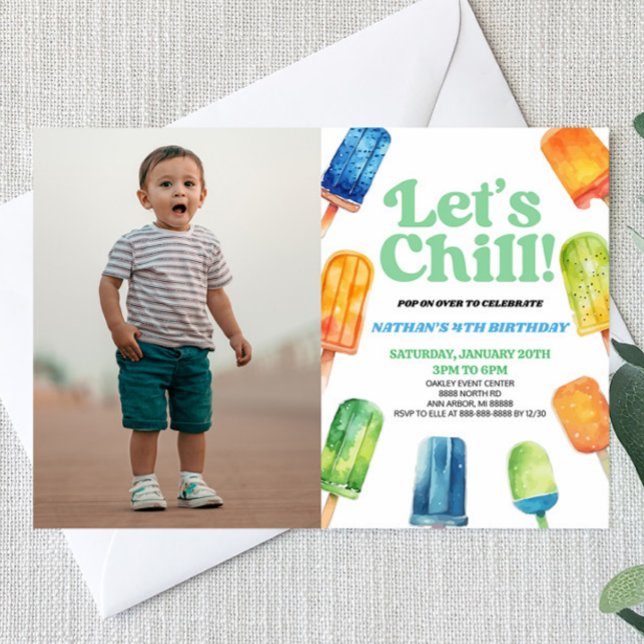 Blue Let's Chill Popsicle Picture Birthday Party Invitation (Creator Uploaded)